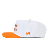 Tennessee Old English Rope Hat, a white 5-panel baseball cap with an orange brim, an orange rope across the base of the crown, orange embroidery on the side and front, and a snapback adjustment.