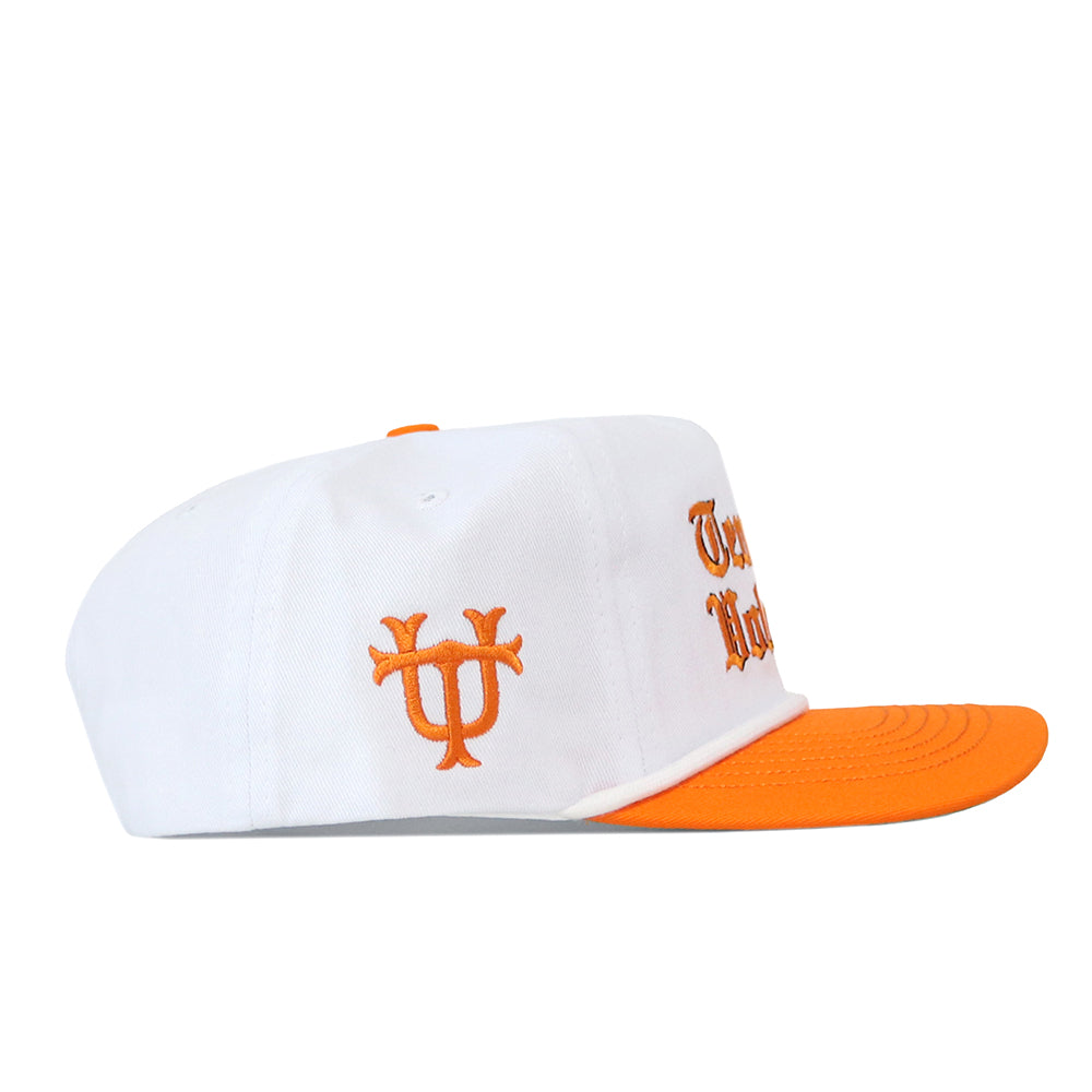 No Rivals Tennessee Old English Rope Hat, a white 5-panel baseball cap featuring an orange brim, an orange crown cord, orange front and side embroidery, and a snapback closure.