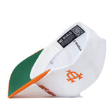 White 5-panel Tennessee Old English Rope Hat by No Rivals with an orange embroidered logo, green and orange brim, and an inner sweatband featuring branded tags and a QR code.