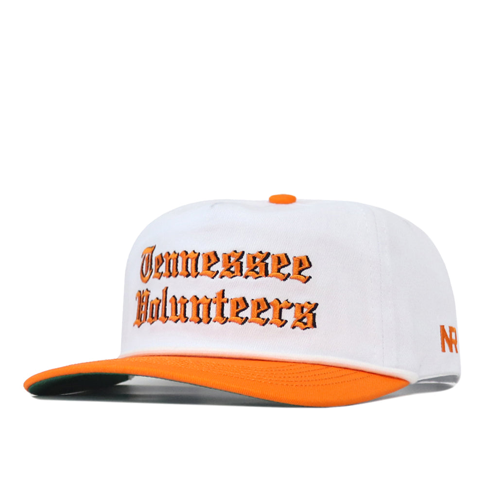 Tennessee Old English Rope Hat, a white 5-panel baseball cap with an orange brim, orange Old English embroidery, and an adjustable snapback.