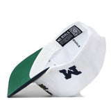 Michigan Old English Rope Hat, a white baseball cap with a green underside on the bill, a navy blue letter M on the side, and a snap back adjustment.