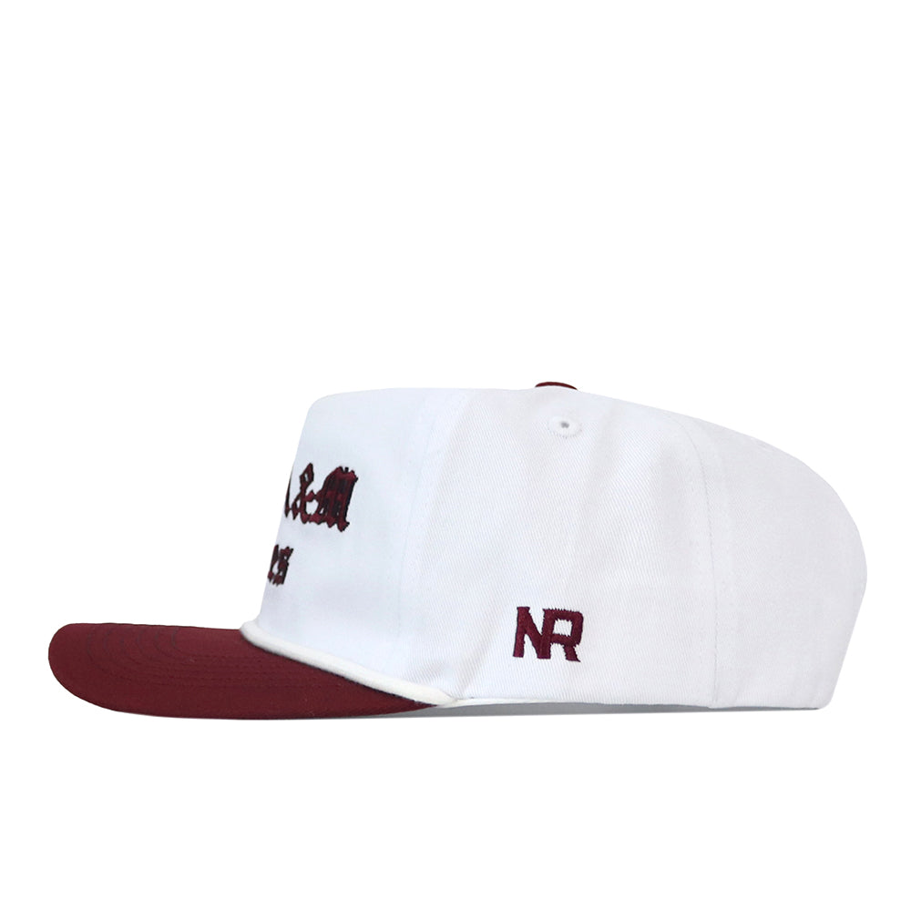Texas A&M Old English Rope Hat in white with a maroon brim, featuring maroon Old English text on the front, an adjustable snap back, and NR embroidered on the side.