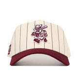 The No Rivals Texas A&M Ol' Sarge Baseball Hat - Pinstripe features a cream color with maroon pinstripes, a maroon brim, and an embroidered Ol' Sarge holding a bat. Structured fit ensures lasting shape and classic style.