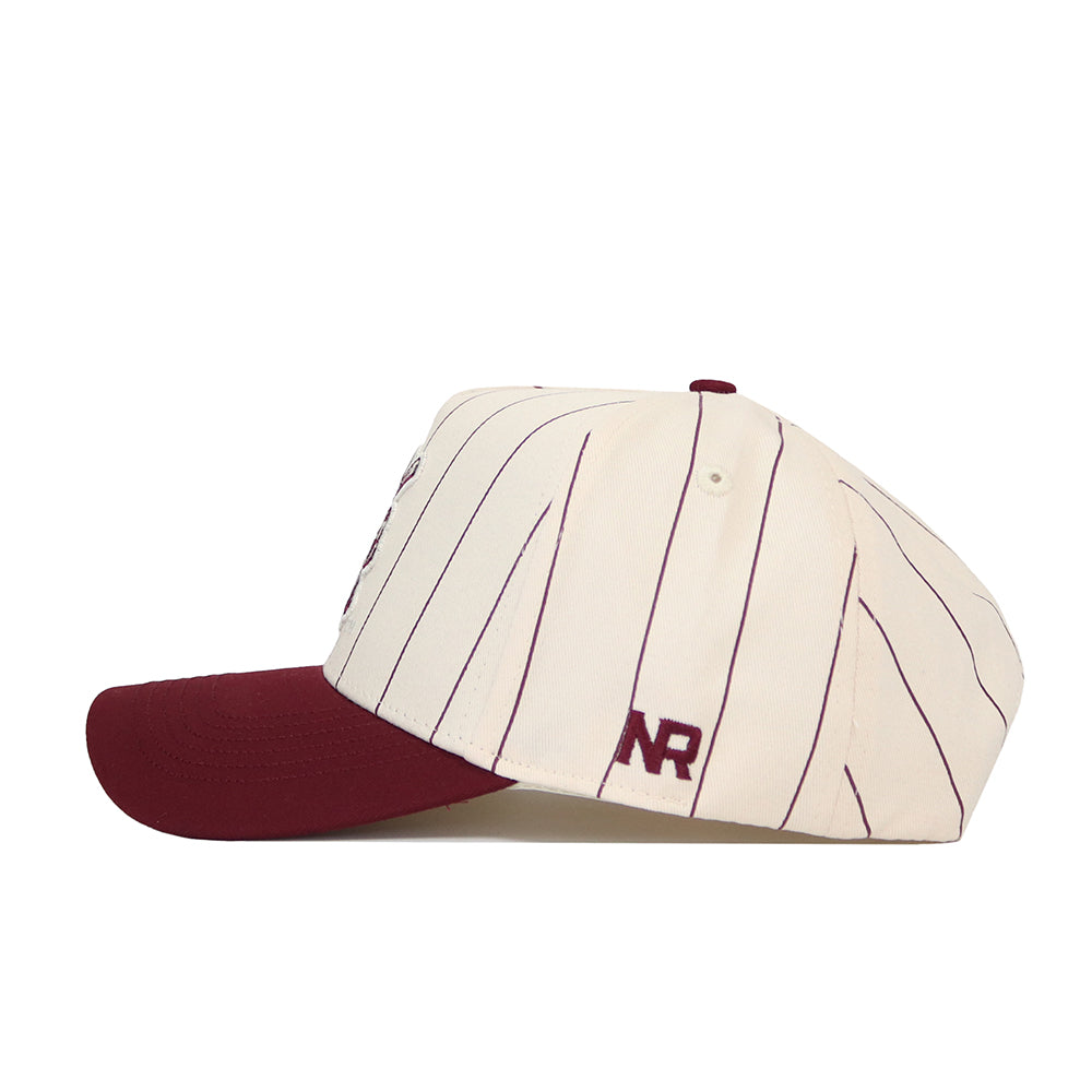 The No Rivals Texas A&M Ol' Sarge Baseball Hat features a cream pinstriped crown, burgundy brim, and NR embroidery above the adjustable snap back for a stylish, structured fit.