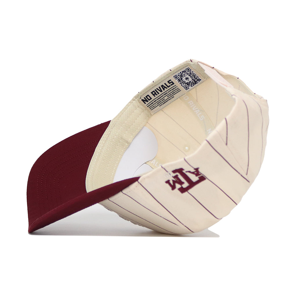 The Texas A&M Ol' Sarge Baseball Hat - Pinstripe by No Rivals features beige and maroon pinstripes, the Texas A&M University logo embroidery, an inside NO RIVALS label with QR code, and is officially licensed.