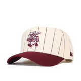 The No Rivals Texas A&M Ol' Sarge Baseball Hat - Pinstripe features a cream snapback design with maroon pinstripes and brim, and an embroidered cartoon mascot holding a bat. Made from a comfy polyester-cotton blend for a structured fit.