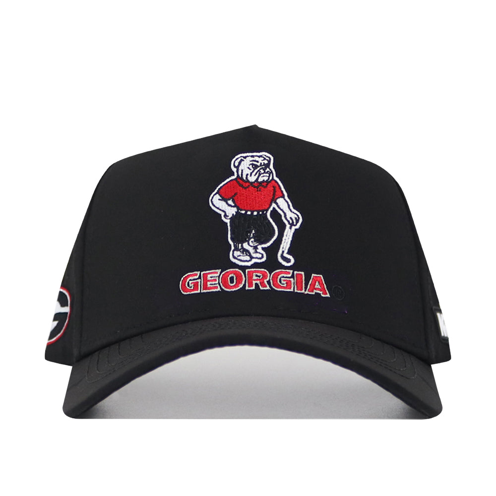 The No Rivals Georgia Bulldogs Golf Hat in black features a cartoon dog design and a structured fit for stylish comfort.