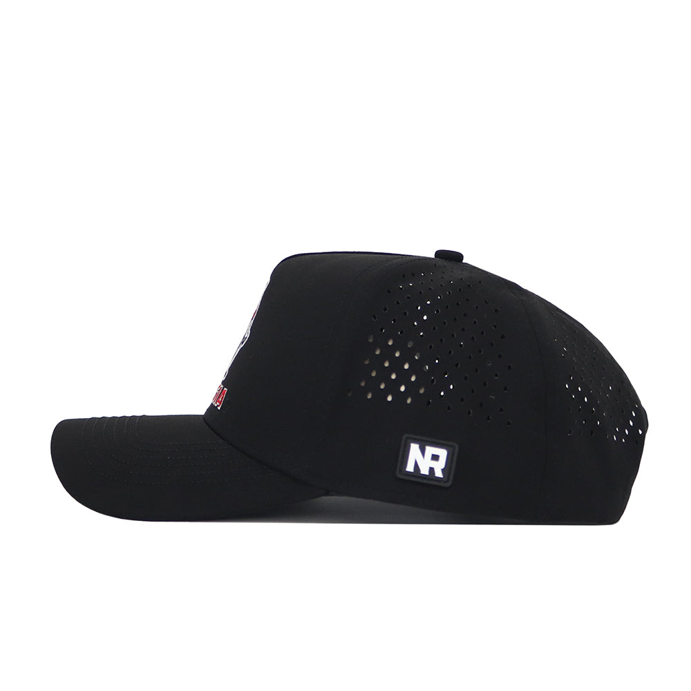 The Georgia Bulldogs Golf Hat by No Rivals is a black cap with a structured fit, back ventilation holes, a white NR logo patch near the back, and an adjustable snap back for comfort.