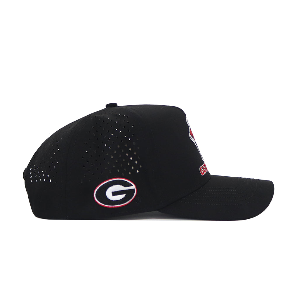 The No Rivals Georgia Bulldogs Golf Hat in black features a structured fit, ventilation holes, and the University of Georgia G logo embroidered on the side. Made from a high quality polyester/cotton blend and shown in side profile against a white background.