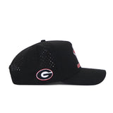 The No Rivals Georgia Bulldogs Golf Hat in black features a structured fit, ventilation holes, and the University of Georgia G logo embroidered on the side. Made from a high quality polyester/cotton blend and shown in side profile against a white background.