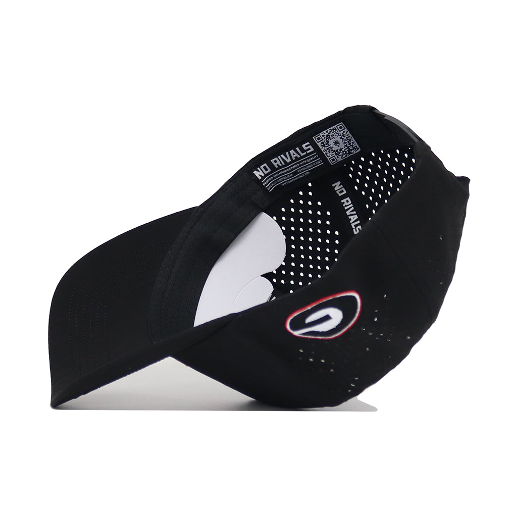The Georgia Bulldogs Golf Hat by No Rivals features a structured black design with a white and red G logo on the side. Shown from below, it reveals an inner brim and perforated lining with "NO RIVALS" printed inside.