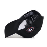 The Georgia Bulldogs Golf Hat by No Rivals features a structured black design with a white and red G logo on the side. Shown from below, it reveals an inner brim and perforated lining with "NO RIVALS" printed inside.