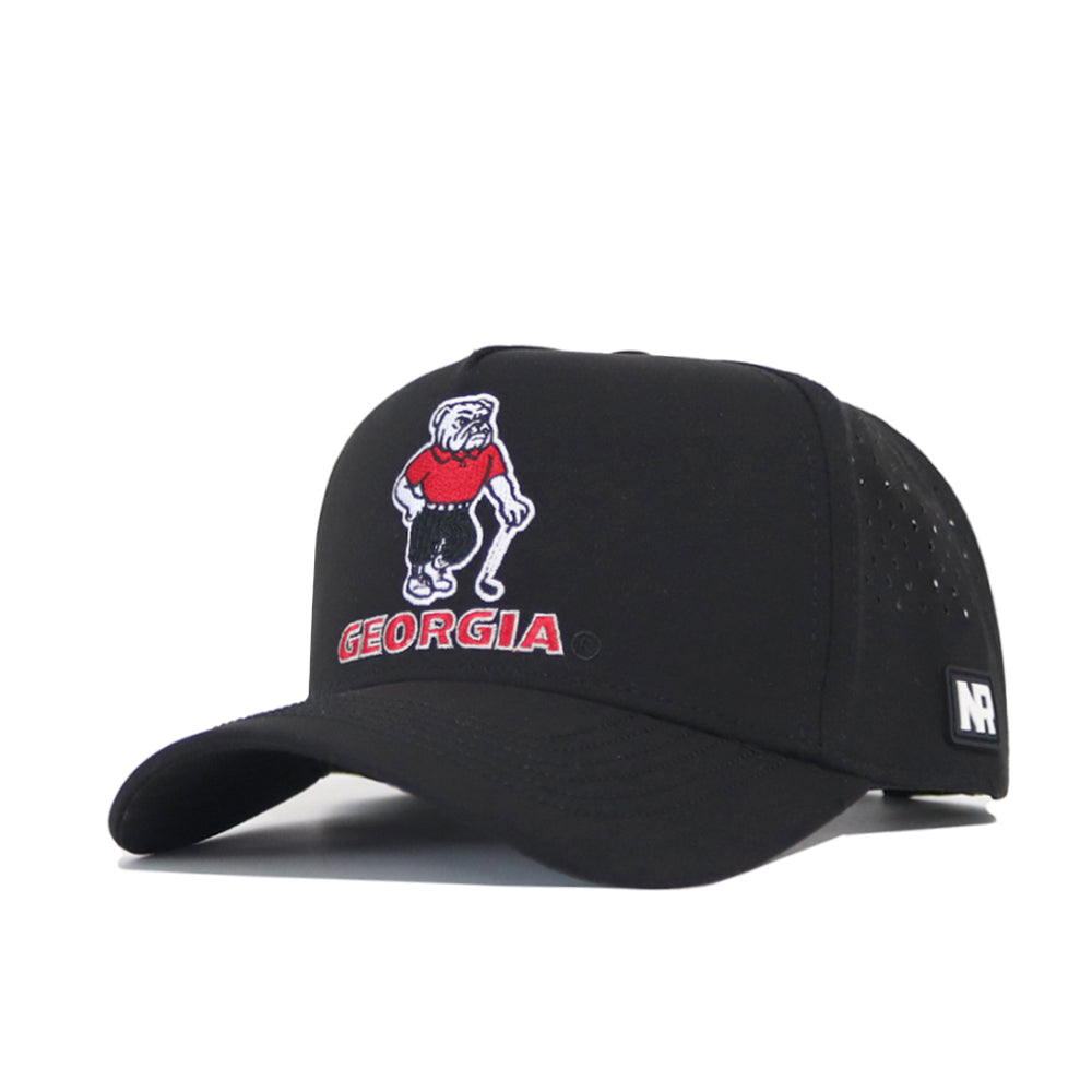 The No Rivals Georgia Bulldogs Golf Hat in black features the university's bulldog mascot and "GEORGIA" embroidered in red and white, plus an NR logo on the side. This officially licensed snapback cap ensures a perfect fit.
