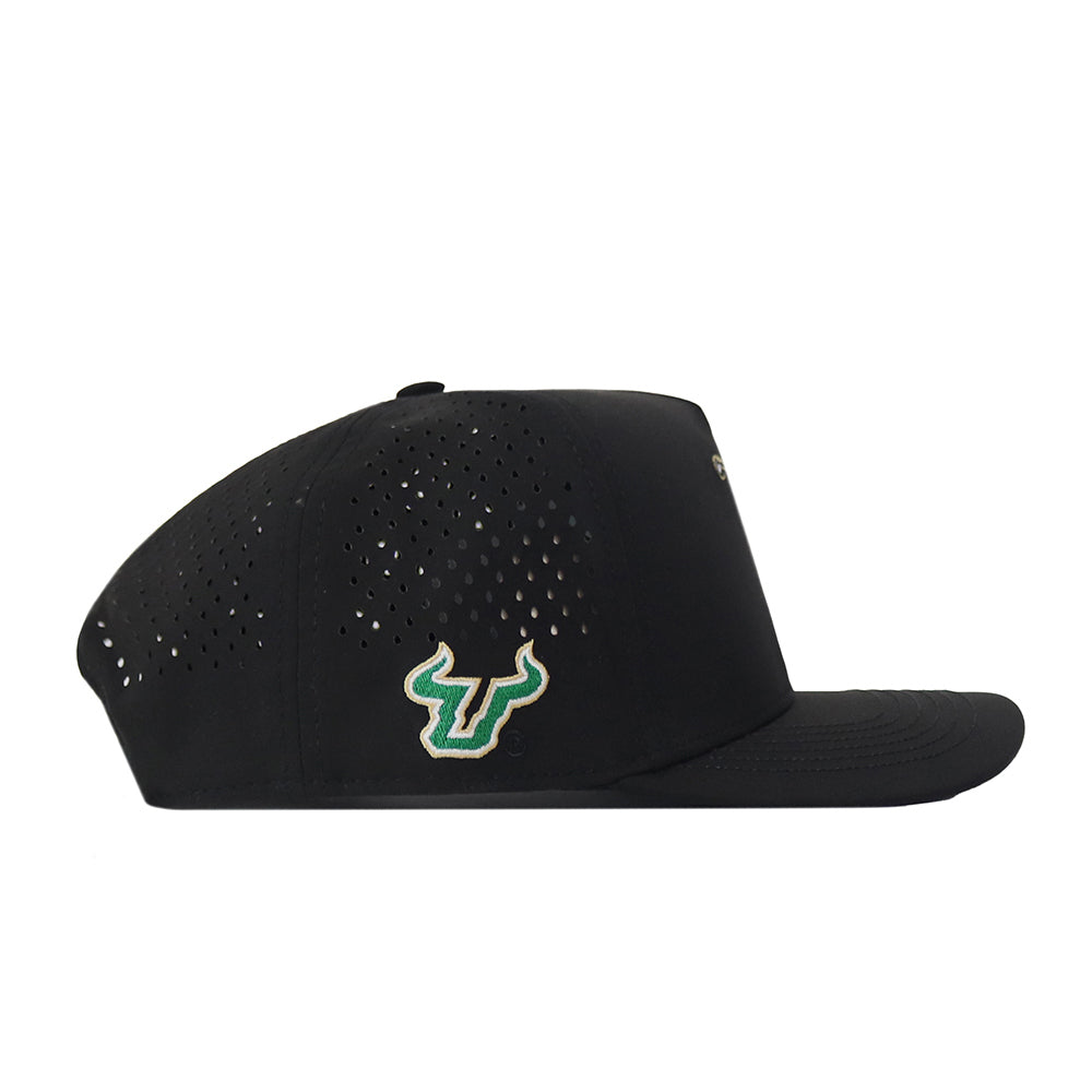 The No Rivals USF Golf Hat - Black features ventilation holes and a bold green and gold embroidered bull logo on the side. This classic gameday snap back is showcased from a side view against a white background.