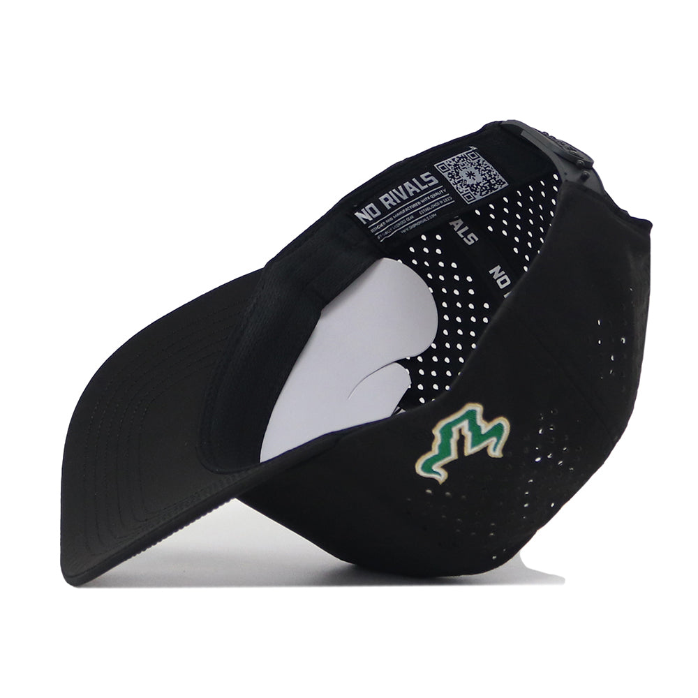 A black USF Golf Hat by No Rivals is shown inside out, revealing perforated panels, an inner lining, and a green and yellow embroidered logo on the side. The words “NO RIVALS” appear on the inner band, making it the perfect Snap Back Hat for a bold Gameday Fit.
