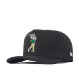 Introducing the USF Golf Hat – Black by No Rivals: a stylish Snap Back Hat featuring a cartoon bulldog in golf attire embroidered on the front, along with a small NR logo on the side—perfect for elevating your Gameday Fit.