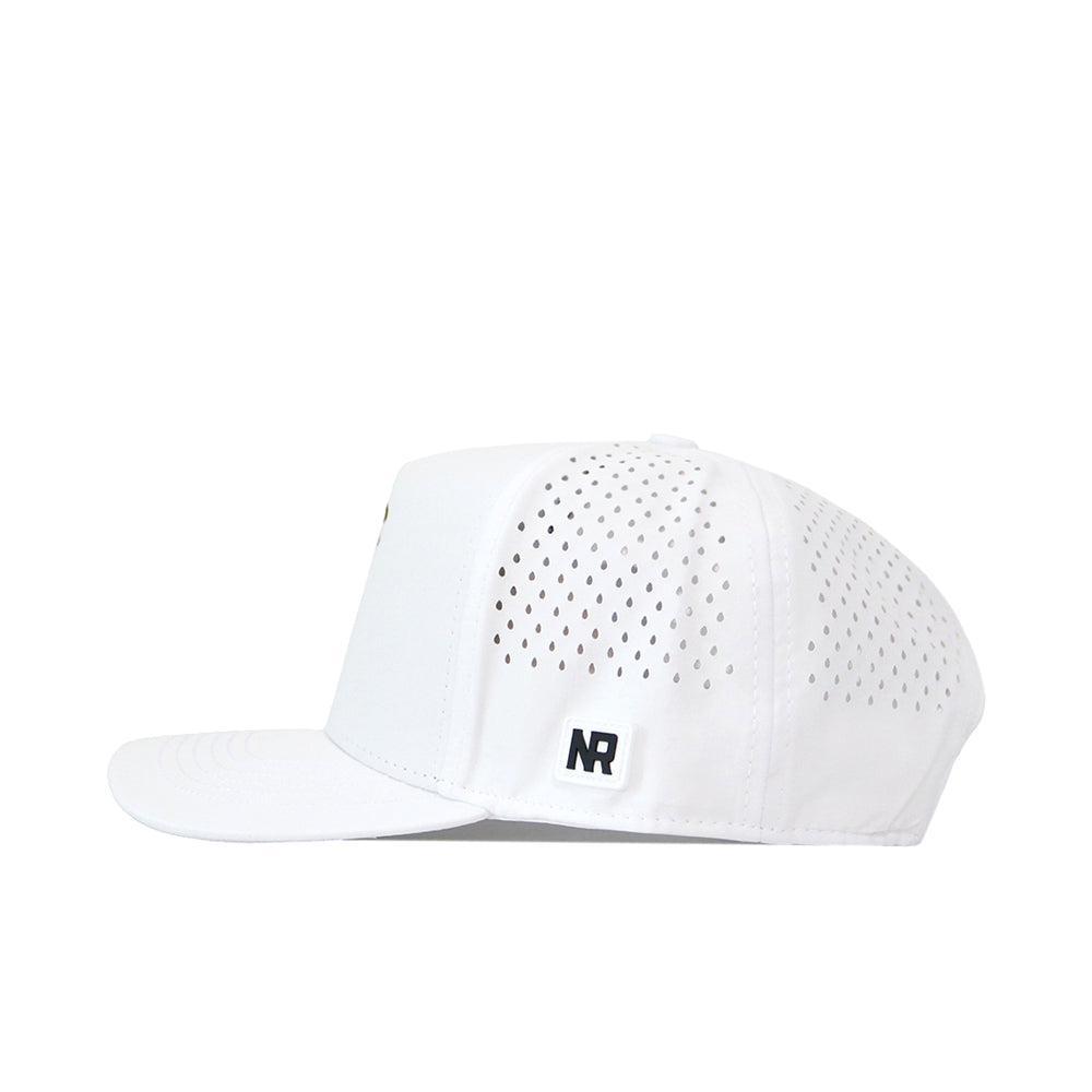 Introducing the Wake Forest Golf Hat - White by No Rivals: a crisp snapback hat with small perforated holes on the side and back panels, a flat brim, and a subtle embroidered NR logo tag on the left—perfect for upgrading your gameday style.