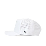 Introducing the Wake Forest Golf Hat - White by No Rivals: a crisp snapback hat with small perforated holes on the side and back panels, a flat brim, and a subtle embroidered NR logo tag on the left—perfect for upgrading your gameday style.