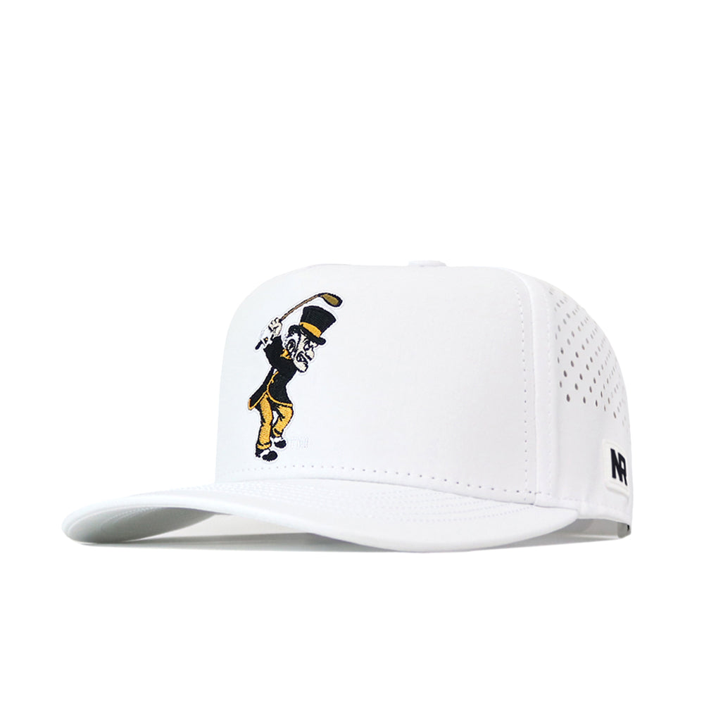 Introducing the Wake Forest Golf Hat - White by No Rivals: This white snapback features a playful black and gold cartoon mascot swinging a golf club, an embroidered logo on the side, and an adjustable snapback closure for the ideal Gameday Fit.