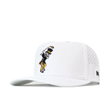 Introducing the Wake Forest Golf Hat - White by No Rivals: This white snapback features a playful black and gold cartoon mascot swinging a golf club, an embroidered logo on the side, and an adjustable snapback closure for the ideal Gameday Fit.
