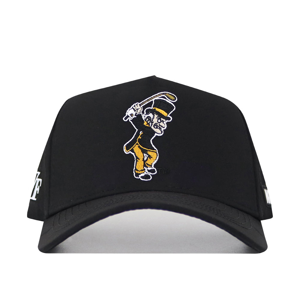 Show off your Wake Forest pride with the No Rivals Wake Forest Golf Hat in black—a snapback hat featuring an embroidered top-hat-wearing mascot swinging a cane, plus white embroidered logos on the sides. Perfect for topping off your gameday outfit!.