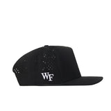 No Rivals Wake Forest Golf Hat - Black, featuring a flat brim, side ventilation holes, and a white embroidered "WF" logo on the left side. This classic snapback is displayed in a side profile against a white background—delivering the perfect Gameday Fit.