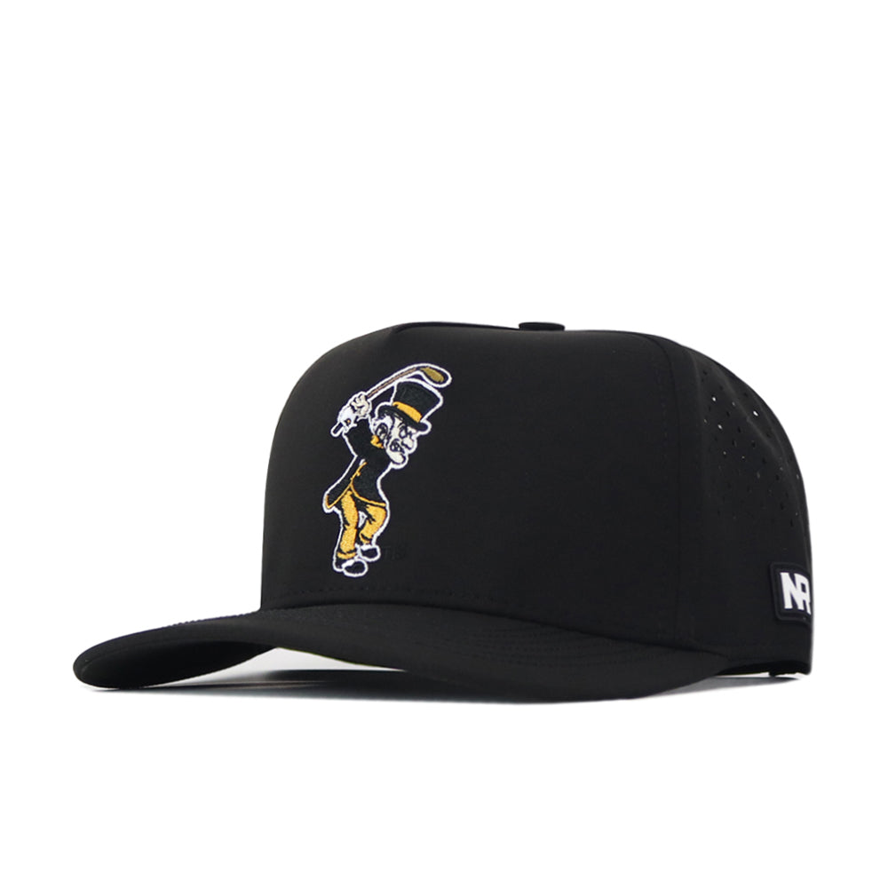 Show your Deacon pride with the Wake Forest Golf Hat in black from No Rivals. This snapback features an embroidered cartoon figure holding a bat on the front, making it perfect for your gameday fit. A small NR patch on the side adds a signature detail.