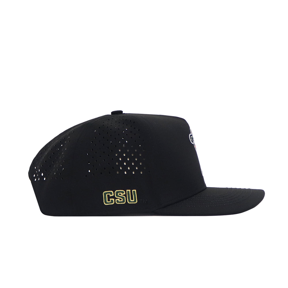 The No Rivals CSU Golf Hat - Black features small side and back ventilation holes, "CSU" embroidered in yellow near the brim, a flat bill, structured crown, and classic snapback closure for a comfortable fit.