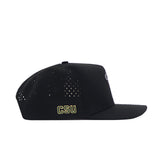 The No Rivals CSU Golf Hat - Black features small side and back ventilation holes, "CSU" embroidered in yellow near the brim, a flat bill, structured crown, and classic snapback closure for a comfortable fit.