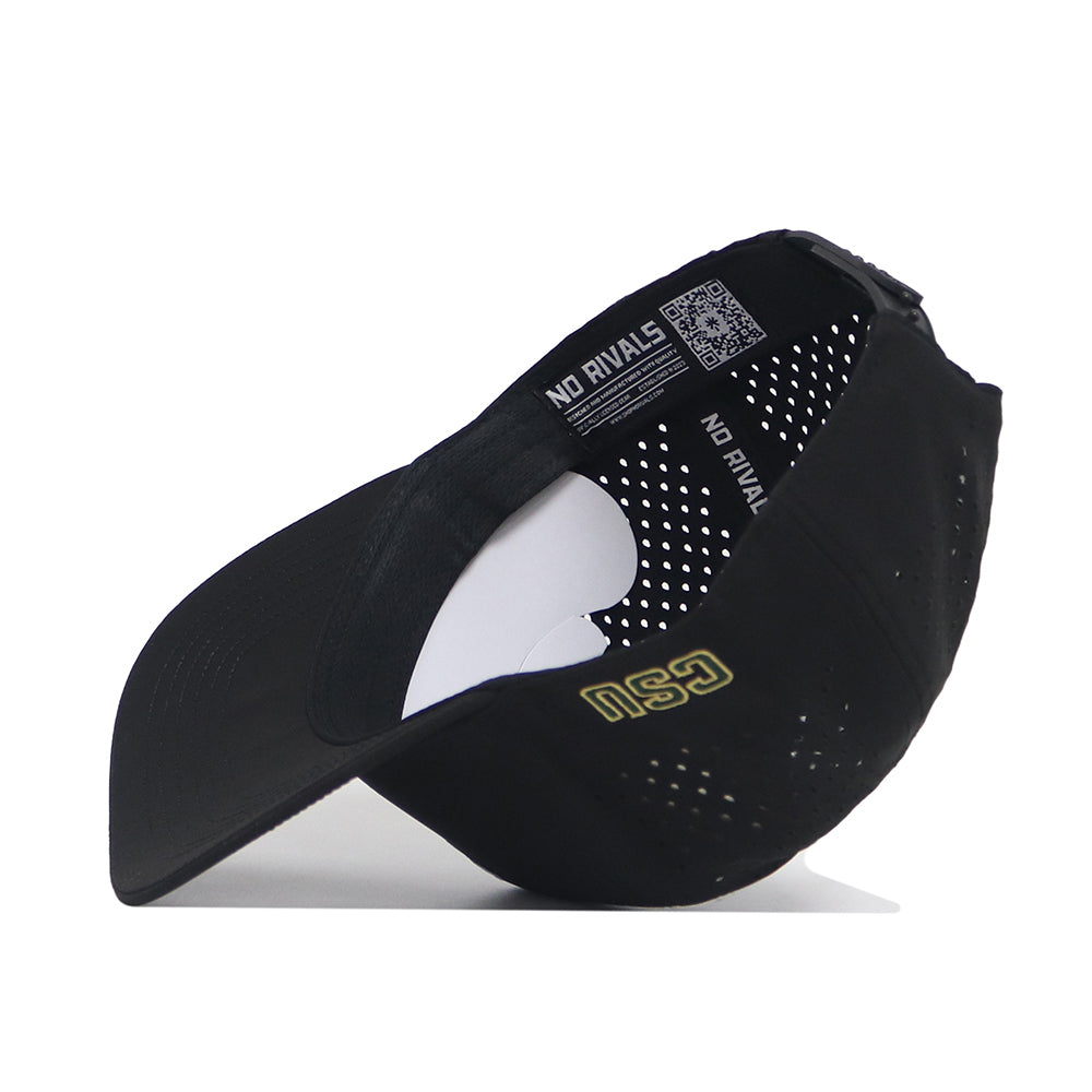 The CSU Golf Hat - Black by No Rivals is shown from the underside, featuring gold-embroidered CSU lettering on the side, "NO RIVALS" text on the inner band, an adjustable snapback strap, and a visible QR code inside.