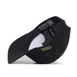 The CSU Golf Hat - Black by No Rivals is shown from the underside, featuring gold-embroidered CSU lettering on the side, "NO RIVALS" text on the inner band, an adjustable snapback strap, and a visible QR code inside.