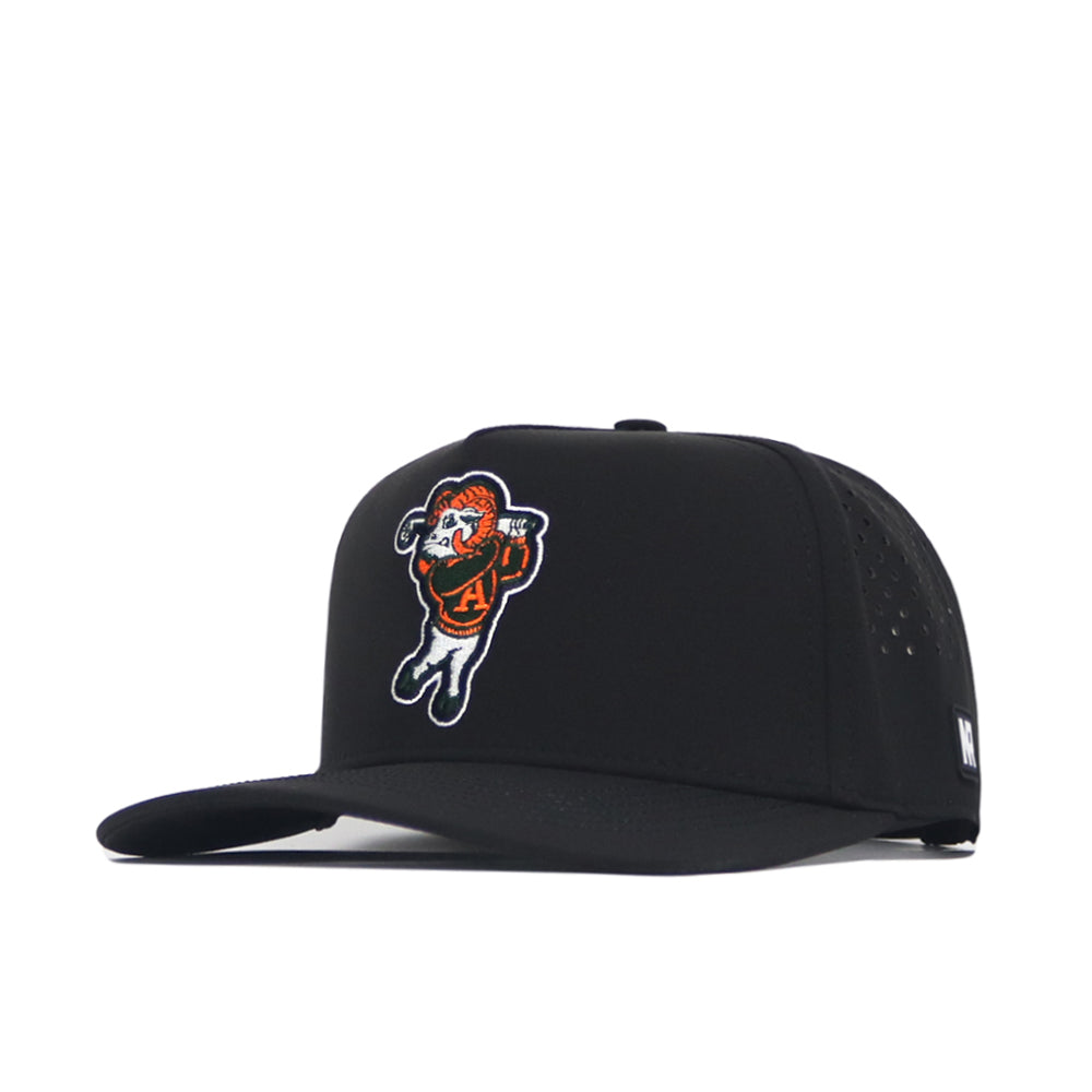 The No Rivals CSU Golf Hat - Black is a snapback hat with a flat brim, bold embroidered cartoon tiger swinging a club on the front, and side ventilation holes for cool comfort.