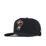 The No Rivals CSU Golf Hat - Black is a snapback hat with a flat brim, bold embroidered cartoon tiger swinging a club on the front, and side ventilation holes for cool comfort.