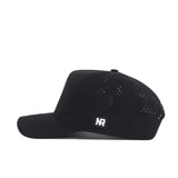 The WKU Golf Hat - Black by No Rivals features side ventilation holes, a rectangular white "NR" patch, and an adjustable snap back for a custom fit. Shown in a black color with a side profile view.