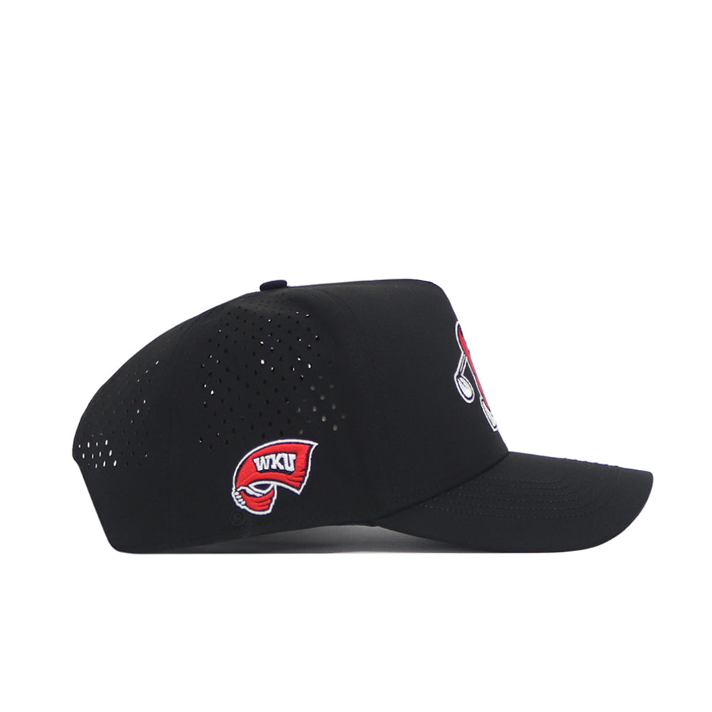 The No Rivals WKU Golf Hat - Black features a red and white WKU embroidered patch, side ventilation holes, and an adjustable snap back for a custom fit.