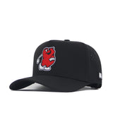 The WKU Golf Hat - Black by No Rivals features a red cartoon mascot with a golf club embroidered on the front, small ventilation holes on the sides, and a white NR logo patch on the brim.