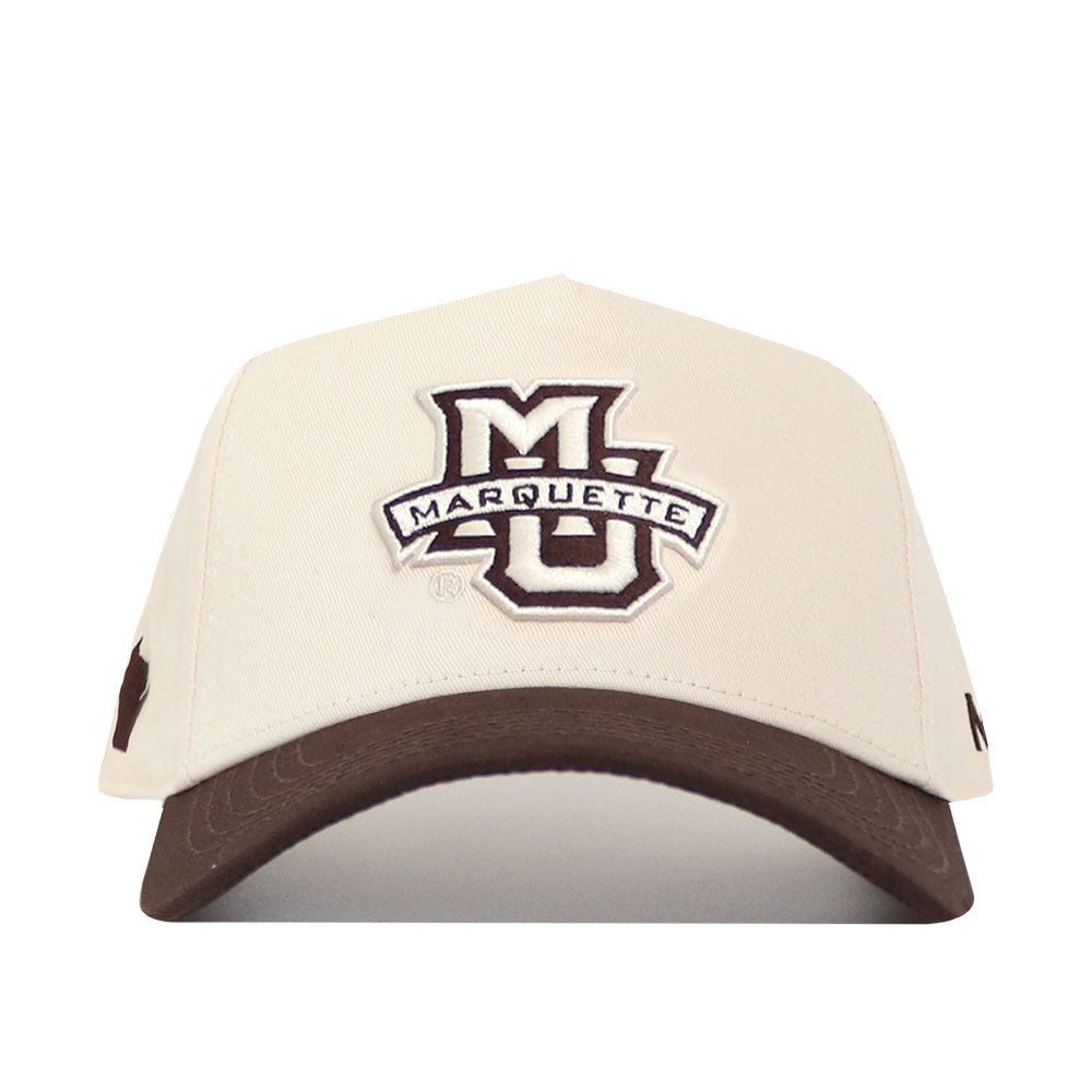 The No Rivals Marquette Espresso Hat is a beige cotton baseball cap with a brown brim and "MU" plus "Marquette" embroidered on the front.
