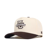 The No Rivals Marquette Espresso Hat is a cream and brown snapback with the Marquette University logo on front and AR on the side, made from high-quality cotton for a comfortable, structured fit.