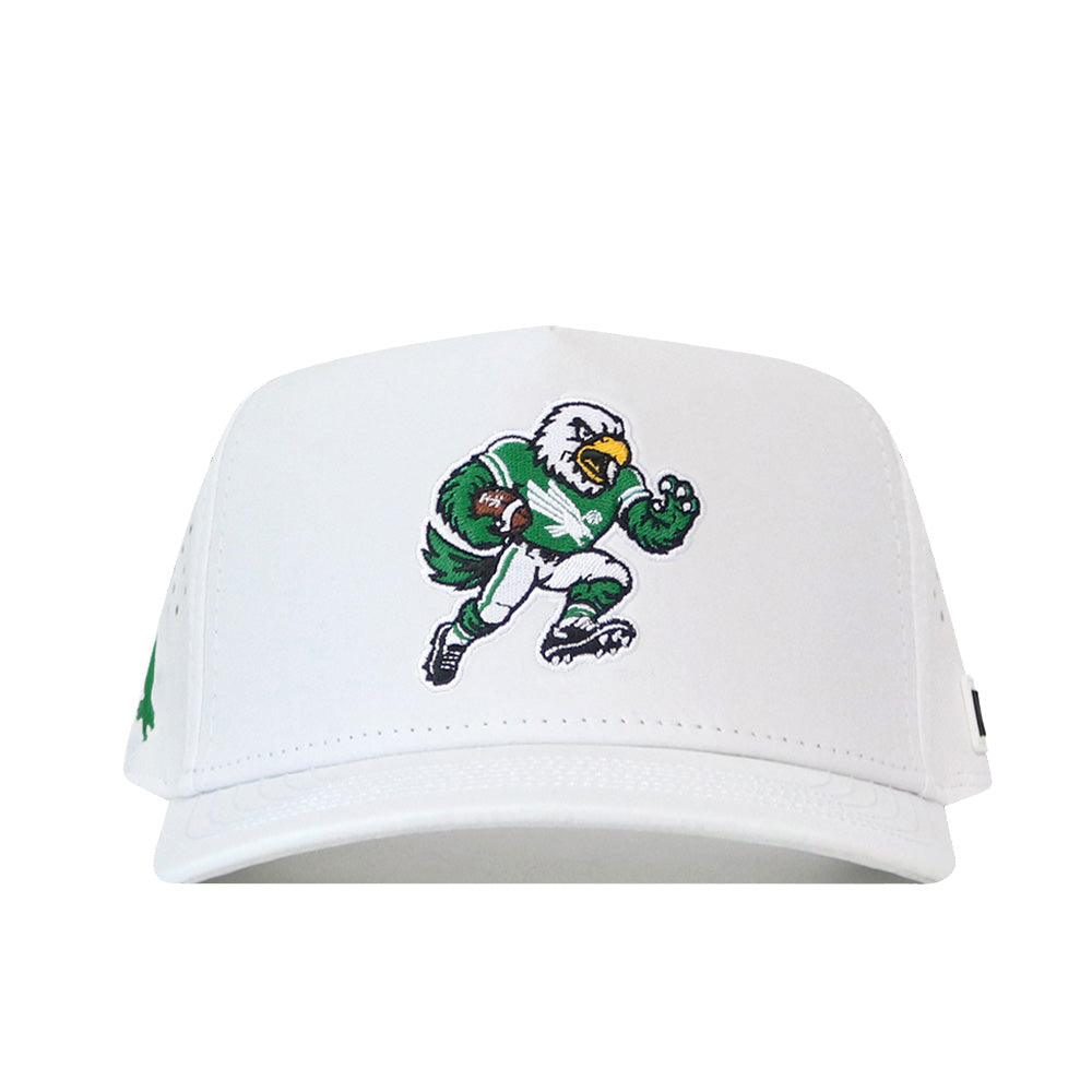 Introducing the North Texas Mean Green Football Mascot Hat in white by No Rivals, featuring an embroidered green and white eagle mascot holding a football and running on the front center. Made with performance fabric and finished with a classic snapback closure for adjustable comfort.
