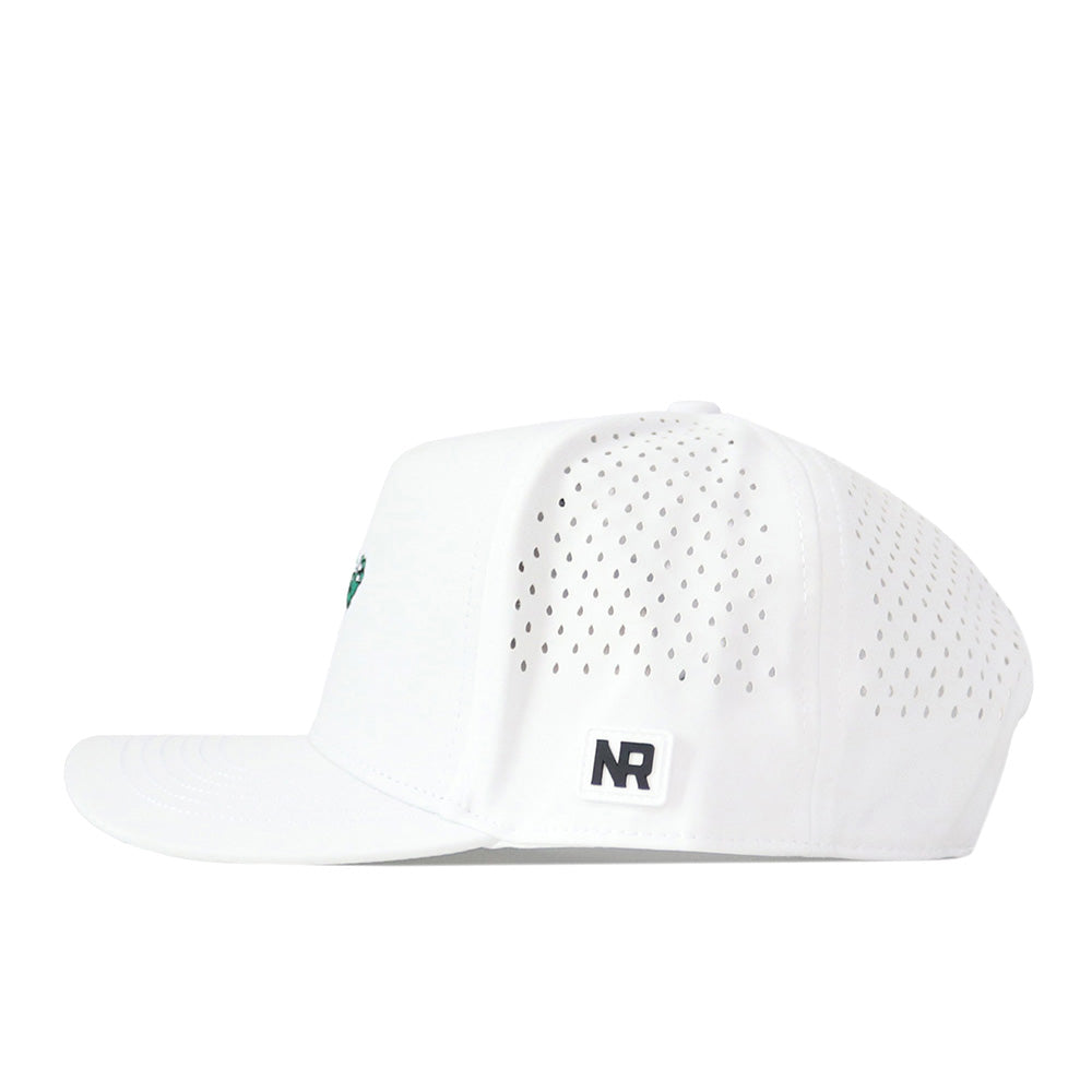 The North Texas Mean Green Football Mascot Hat by No Rivals is a white snapback crafted from performance fabric, featuring small perforated side panels for ventilation, a flat brim, and a black embroidered NR logo stitched near the back. The hat is photographed against a plain white background.