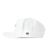 The North Texas Mean Green Football Mascot Hat by No Rivals is a white snapback crafted from performance fabric, featuring small perforated side panels for ventilation, a flat brim, and a black embroidered NR logo stitched near the back. The hat is photographed against a plain white background.