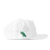 No Rivals North Texas Mean Green Football Mascot Hat in white features perforated side panels and an embroidered green eagle logo on the side. Made from performance fabric, this cap is displayed from a side view against a plain background.