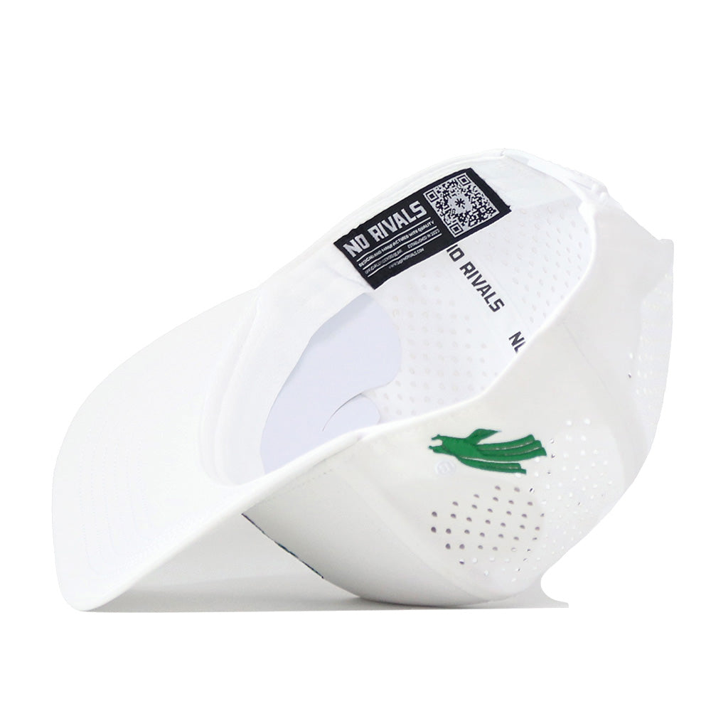 The North Texas Mean Green Football Mascot Hat by No Rivals is displayed upside down, highlighting the embroidered green bird logo on the left side and a NO RIVALS label with a QR code on the inner band. The white cap features a snap back closure for an adjustable fit.