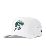 Here is the rewritten sentence using the provided product data: The North Texas Mean Green Football Mascot Hat in white, by No Rivals, features an embroidered cartoon eagle dressed in a green football uniform on the front and is crafted from performance fabric for lasting comfort and durability. The side displays small ventilation holes as well as a rectangular white patch with “NR” in black letters, while an adjustable snapback ensures a perfect fit.