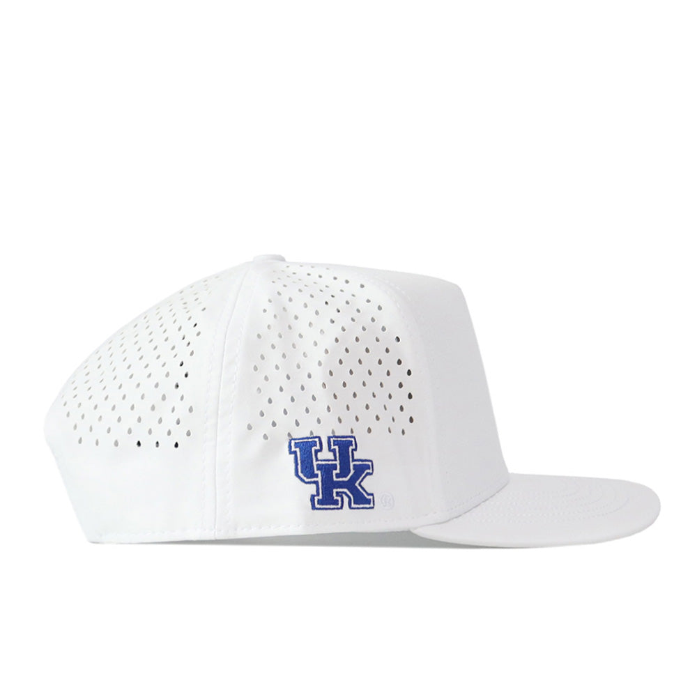 A side profile view of the Kentucky Wildcats Football Mascot Hat in white by No Rivals, featuring ventilation holes and a blue UK logo on the side. Made from performance fabric, this officially licensed snapback cap is perfect for true fans.