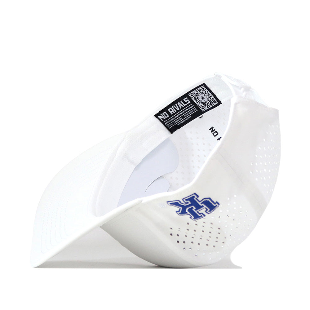 The Kentucky Wildcats Football Mascot Hat in white by No Rivals is made from performance fabric and features a perforated design. When flipped upside down, the interior reveals a QR code tag and the words “NO RIVALS.” This officially licensed cap also displays a blue logo on the side.