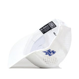 The Kentucky Wildcats Football Mascot Hat in white by No Rivals is made from performance fabric and features a perforated design. When flipped upside down, the interior reveals a QR code tag and the words “NO RIVALS.” This officially licensed cap also displays a blue logo on the side.