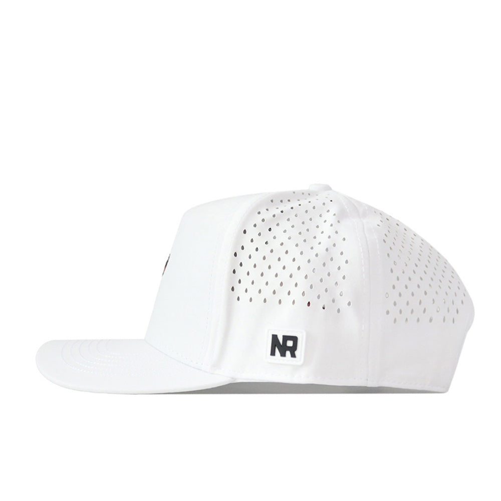 No Rivals Clemson Tigers Football Mascot Hat in white, shown in a side profile view with a perforated flat brim. Crafted from performance fabric for enhanced breathability, this cap features black embroidered NR initials on the left side near the brim and includes an adjustable snap back closure.