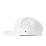 No Rivals Clemson Tigers Football Mascot Hat in white, shown in a side profile view with a perforated flat brim. Crafted from performance fabric for enhanced breathability, this cap features black embroidered NR initials on the left side near the brim and includes an adjustable snap back closure.