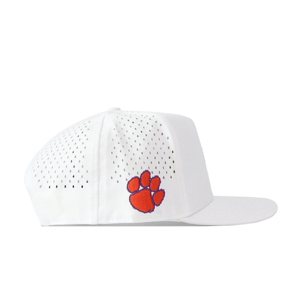No Rivals Clemson Tigers Football Mascot Hat in white, shown from the side, features ventilation holes and an orange and purple embroidered paw print logo on the side panel. Made from performance fabric for lasting comfort.